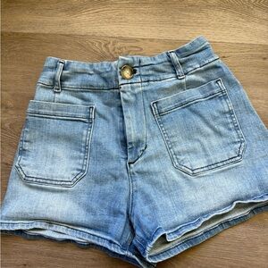 Maeve Light Blue Denim Patch-Pocket Shorts
